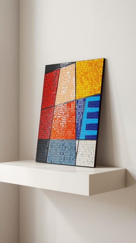 Abstract mosaic wall art panel made with glass tiles, modern color blocking design, displayed leaning against a wall on a shelf.