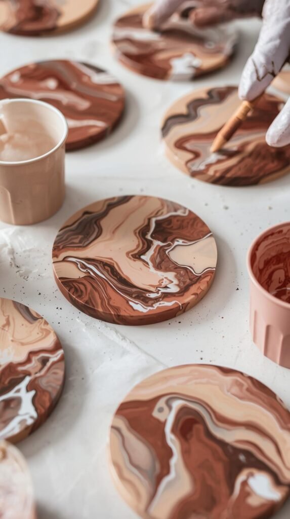 Acrylic pour coasters with fluid color movement in cohesive muted tones.