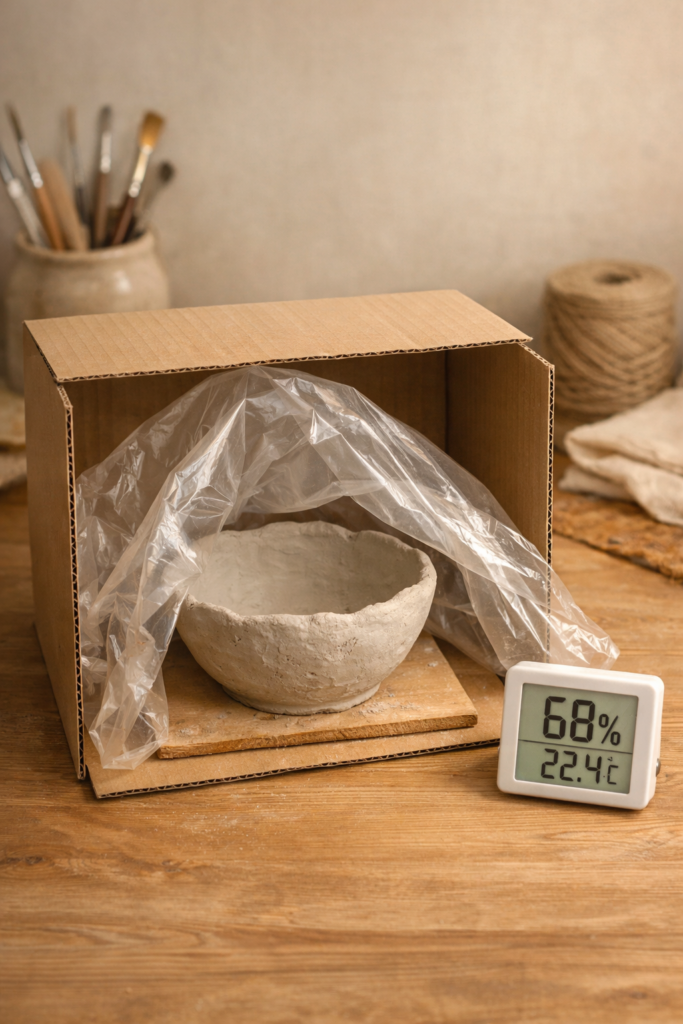 Air dry clay bowl drying inside cardboard box setup, plastic loosely tented over piece, digital hygrometer nearby showing moderate humidity, soft neutral background, warm earthy tones.