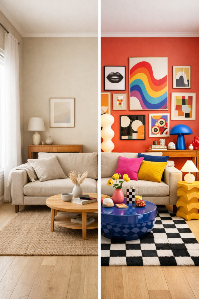 Before-and-after split visual of a neutral beige living room transforming into a colorful apartment with bold accent wall in deep coral, checkerboard rug, funky house decor elements, oversized art, sculptural lighting, expressive gallery wall, dramatic color contrast