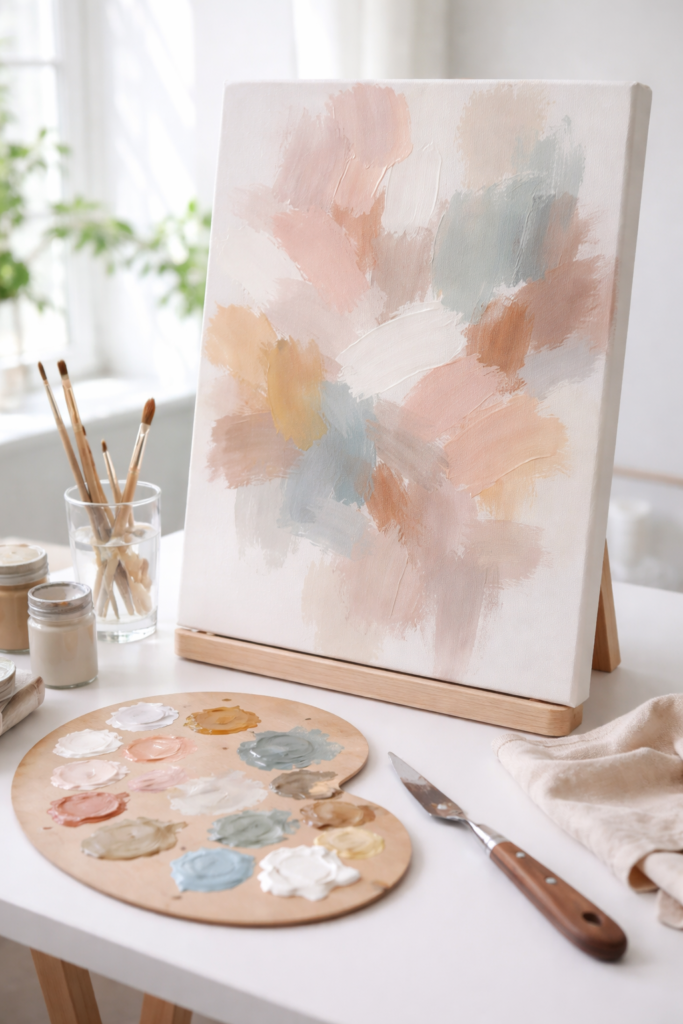 Beginner abstract canvas art with soft brush strokes and layered acrylic paint in muted modern colors.
