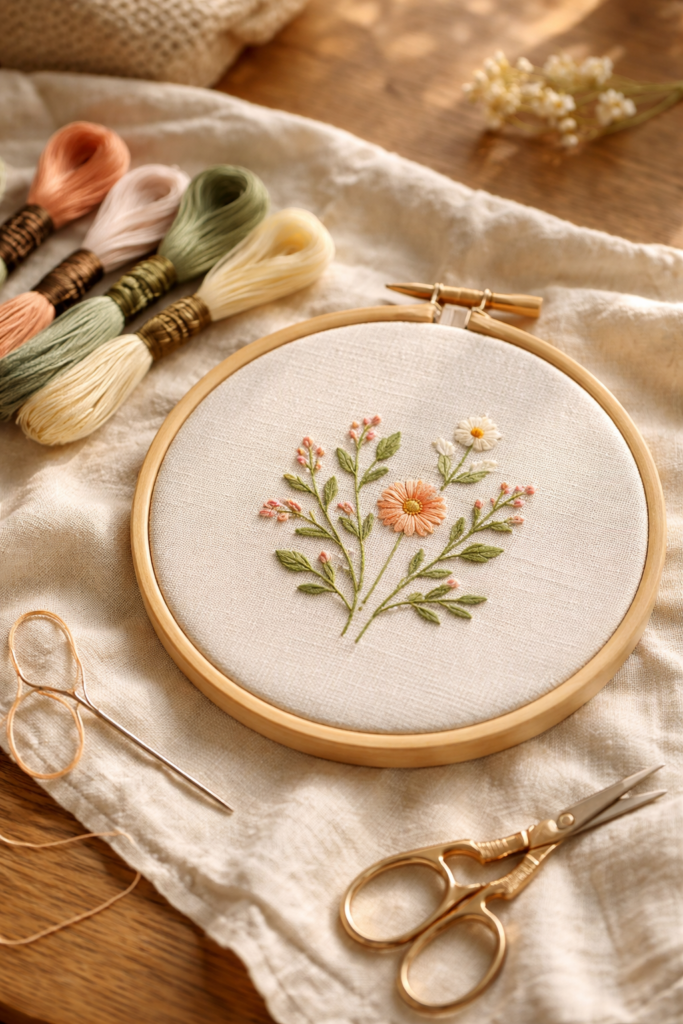 Beginner embroidery hoop with simple stitched design, neutral fabric and soft thread colors.