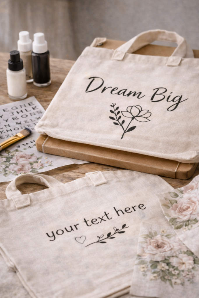 Blank canvas tote bags being customized with black typography and minimalist line art. 