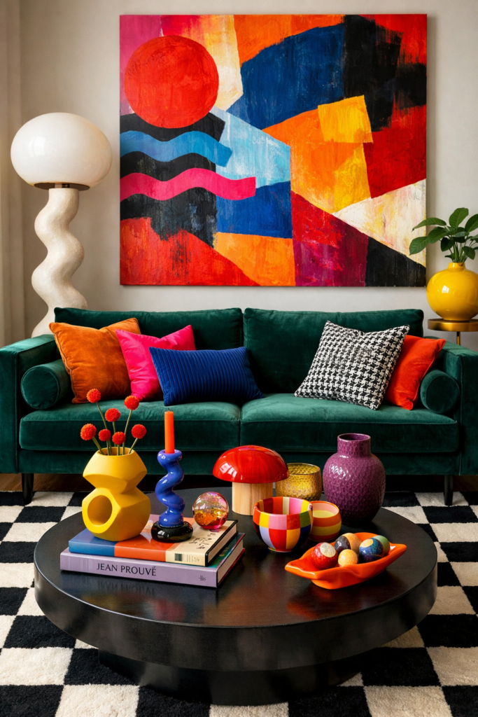 Bold dopamine decor living room featuring deep emerald velvet sofa, graphic checkerboard rug, oversized abstract art in saturated tones, sculptural floor lamp, layered throw pillows in complementary colors, curated coffee table styling with colorful ceramics.