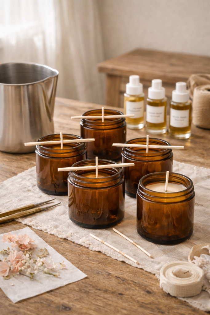 Candle pouring station with amber glass jars
