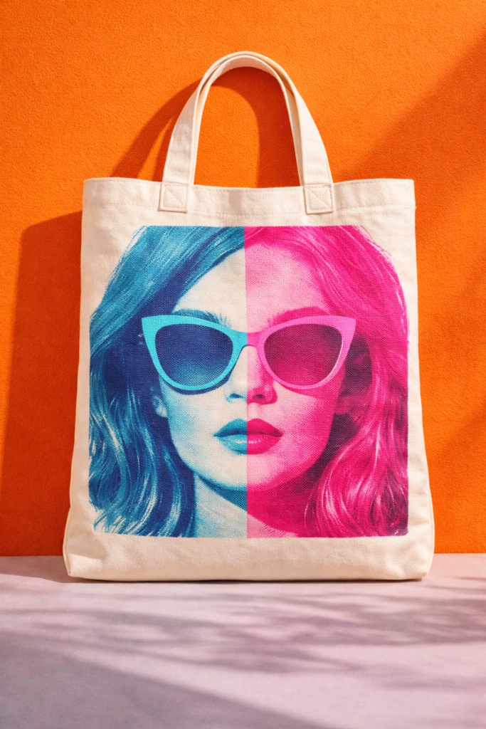 Canvas tote featuring high contrast pop art style photo transfer in bright cyan and magenta tones, graphic modern aesthetic