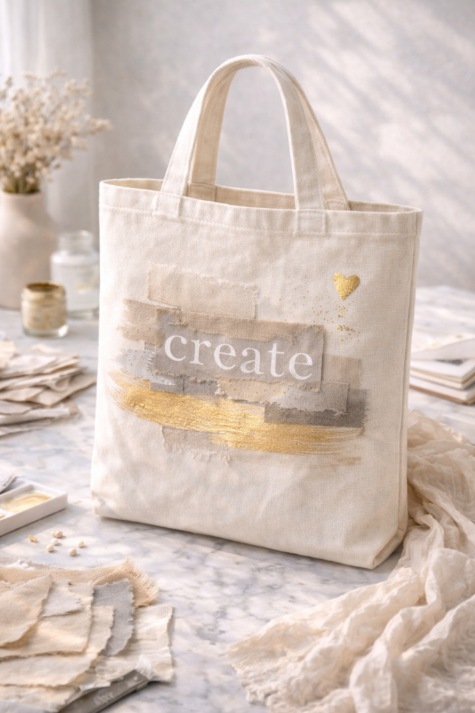 Canvas tote featuring layered mixed media design with paint, fabric appliqué, vinyl lettering, and gold accents