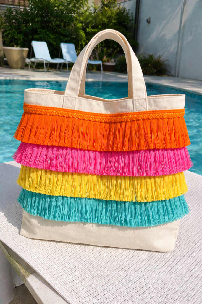 Canvas tote with bright orange fringe trim, styled against cobalt blue backdrop.