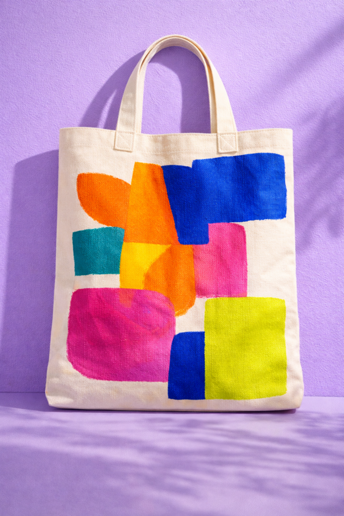 Canvas tote with large modern abstract paint shapes in orange, cobalt, magenta, and chartreuse, matte paint texture visible