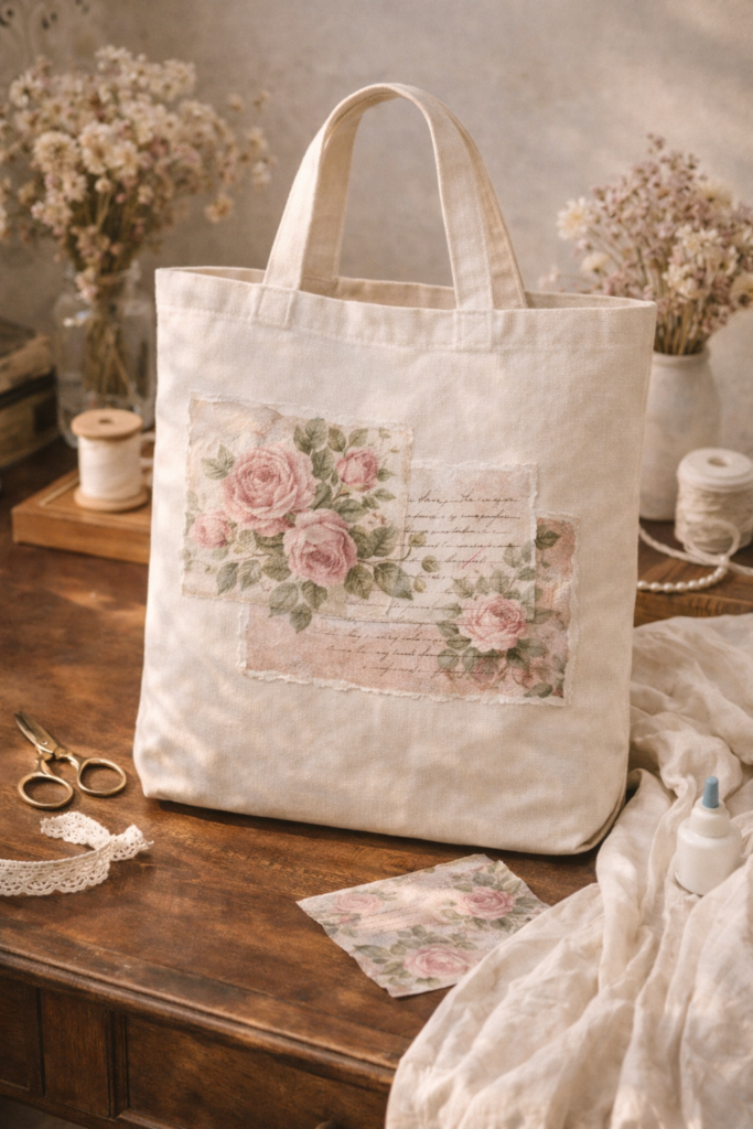 Canvas tote with layered vintage floral decoupage detail in soft rose and sage tones, subtle paper texture visible
