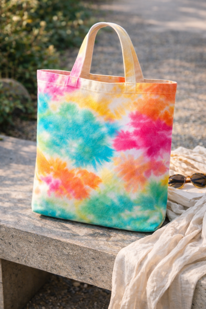 Canvas tote with muted earthy tie-dye pattern in clay, sage, and dusty rose tones, soft blended color