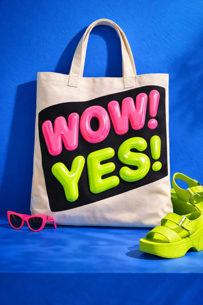 Canvas tote with oversized glossy vinyl typography in hot pink and lime green, retro bubble font, styled against electric blue wall