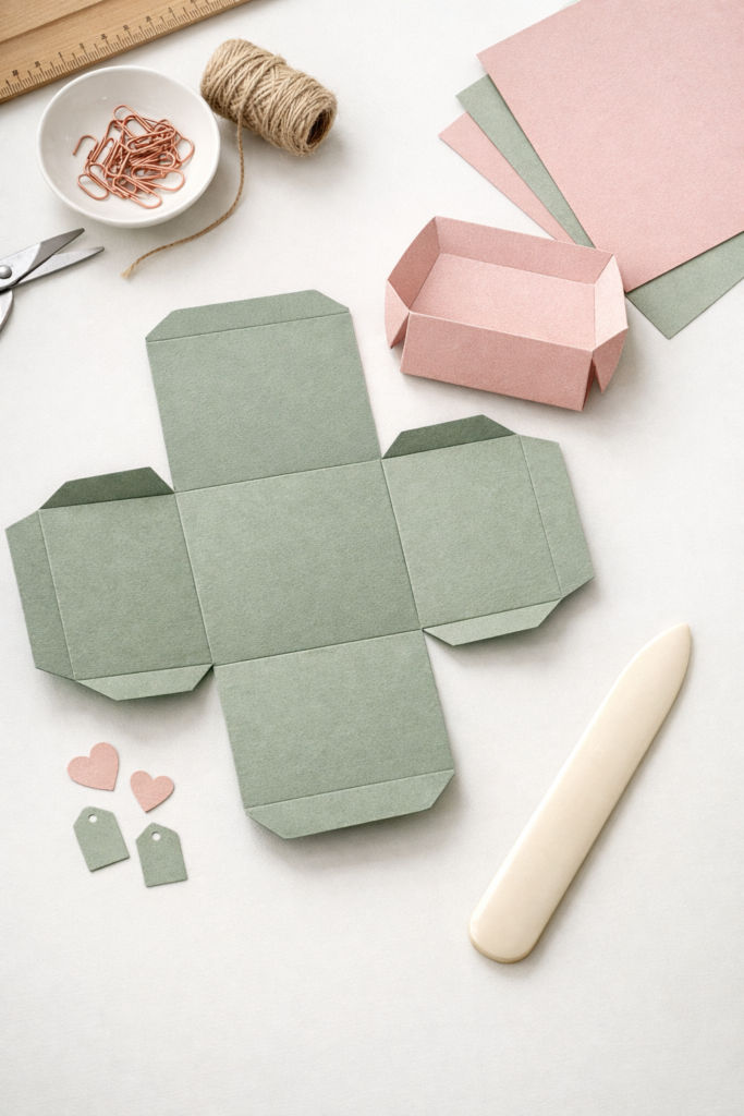 Flat lay of partially assembled 3D cardstock gift box with visible crisp fold lines created by Cricut scoring tool.