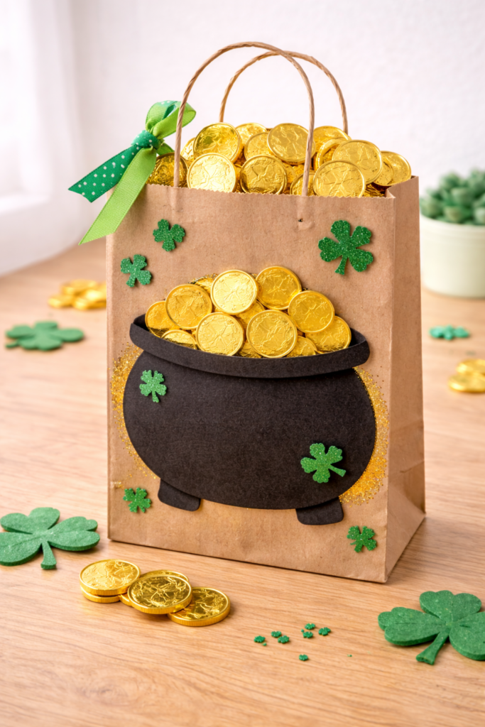 decorated brown paper treasure hunt bag with black pot design and gold coin detail, shiny foil coins spilling out