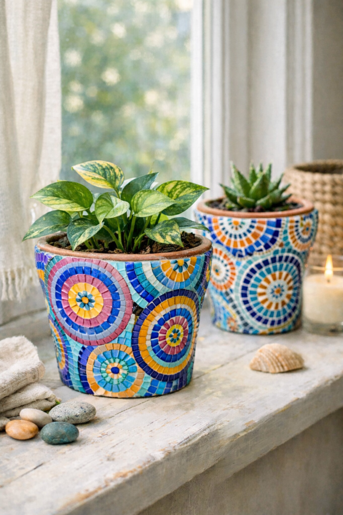 Terracotta plant pots covered in glass mosaic tiles, small leafy plants inside.