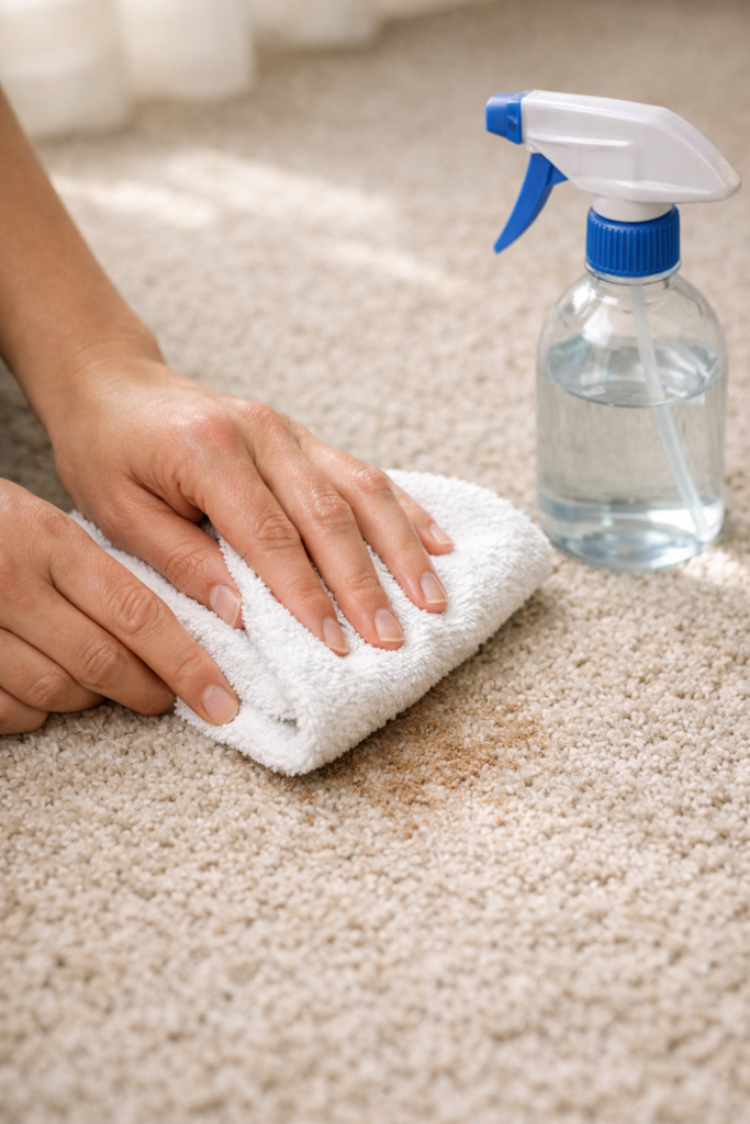 Close-up of hands blotting a small carpet stain with a white microfiber cloth, spray bottle nearby, subtle stain visible but lifting, neutral carpet tones, soft natural light, calm focused cleaning moment, realistic DIY cleaning scene, editorial photography, Pinterest-style, 9:16 vertical