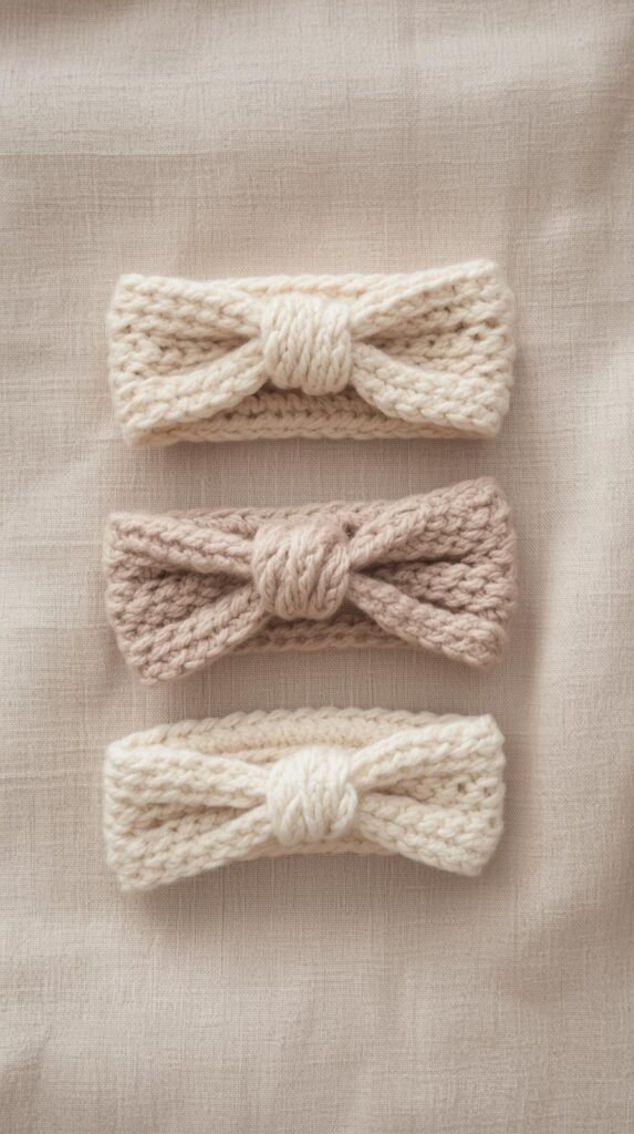 Chunky crochet headbands laid flat on linen fabric, thick yarn texture clearly visible, neutral and soft pastel colors