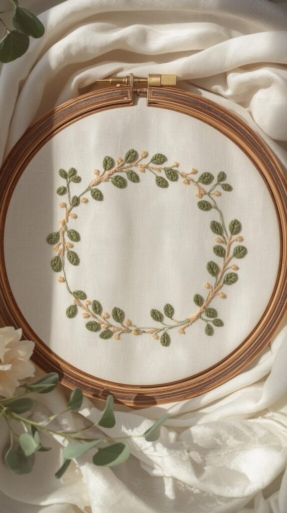 Circular botanical wreath embroidery in soft sage and olive tones with tiny French knot florals, stitched on neutral cotton fabric and centered in wood hoop.