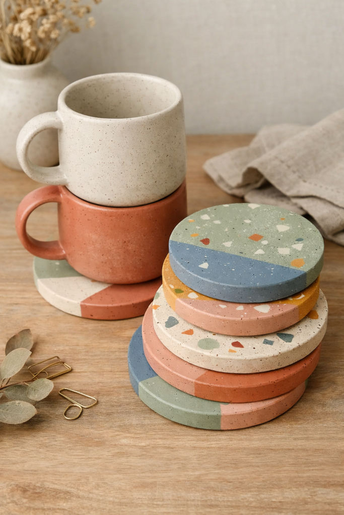 Clay coasters with subtle terrazzo and color-block designs using muted sage, clay pink, dusty blue, and warm ochre. 