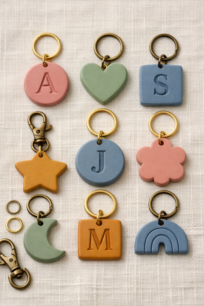 Clay keychains with initials and simple shapes in clay pink, sage green, muted blue, and warm ochre. Arranged neatly on textured fabric with metal hardware accents. 