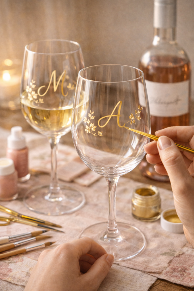 Craft Night Ideas - Clear wine glasses being hand-painted with delicate gold initials and minimalist floral designs. 