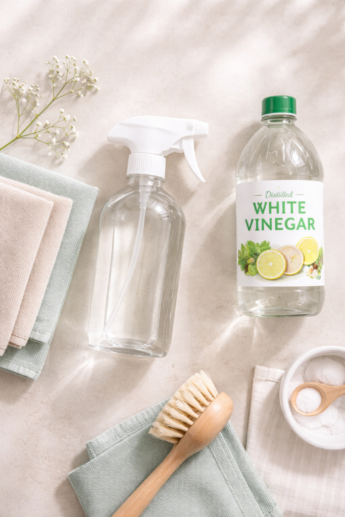 how to clean crystal chandelier -Close-up flat lay of a spray bottle filled with clear cleaning solution, distilled white vinegar bottle, microfiber cloths neatly folded.