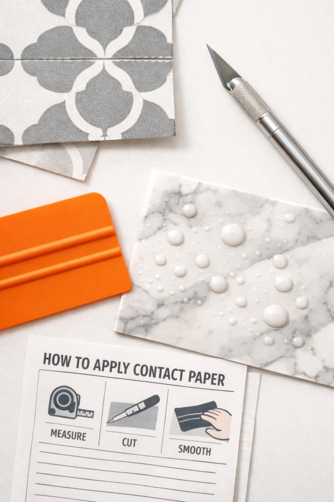 Close-up flat lay of contact paper tools including smoothing tool, craft knife, misaligned patterned wallpaper sample, air bubbles visible on applied piece.