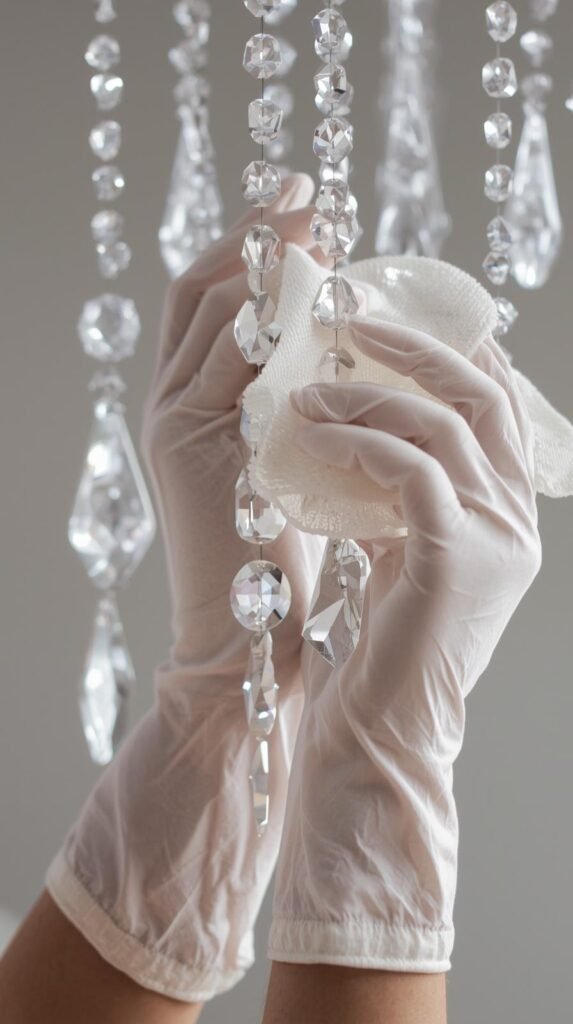 Close-up hands wearing white cotton gloves gently wiping hanging crystal chandelier drops with a microfiber cloth, crystals catching light and sparkling