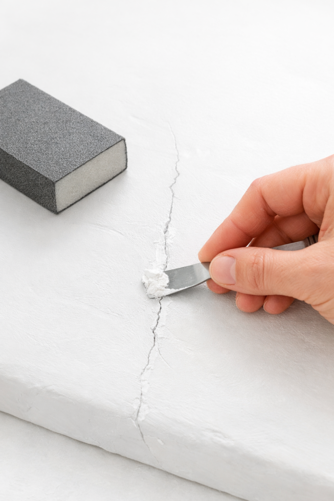Close-up of hand applying lightweight filler to dried air dry clay crack, fine sanding block nearby, smooth matte white clay surface transforming to seamless finish, soft bright studio lighting, minimal modern workspace.