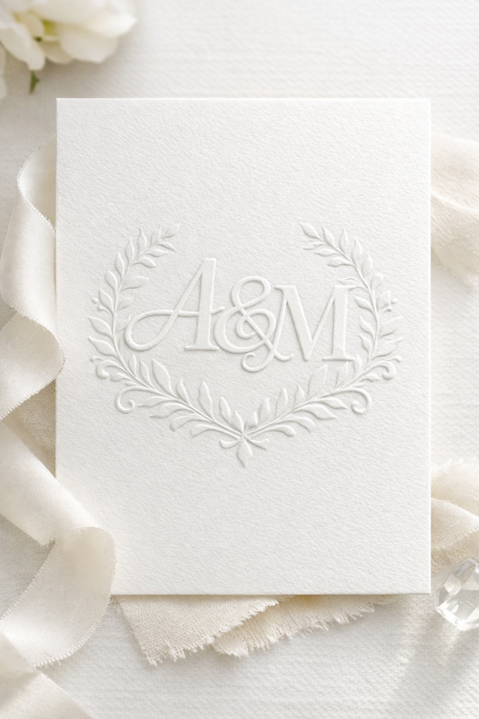 Close-up of luxury wedding invitation with monogram debossed into thick textured white cardstock.