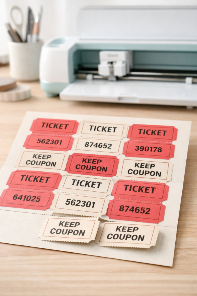 Close-up of perforated raffle tickets on cardstock sheet, Cricut machine in background.