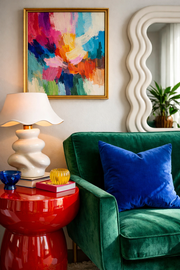 Close-up vignette of a dopamine decor corner featuring saturated jewel tones, emerald velvet chair, cobalt throw pillow, abstract colorful art, wavy mirror, sculptural ceramic lamp, glossy red side table, layered textures, intentional color repetition, rich but refined palette, clean styling.