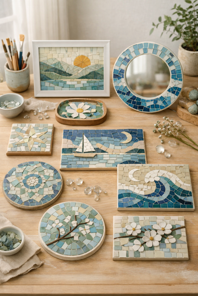 Collection of finished glass mosaic tile projects displayed together on a table, cohesive color palette