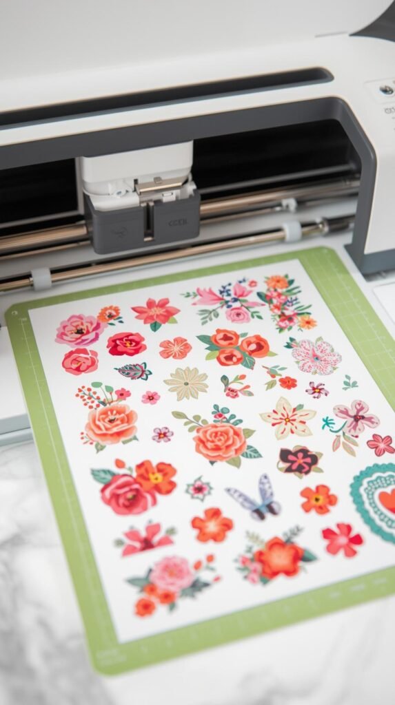 Colorful printed sticker sheet with floral and planner-style designs placed on Cricut mat, Cricut machine cutting precisely around printed images.