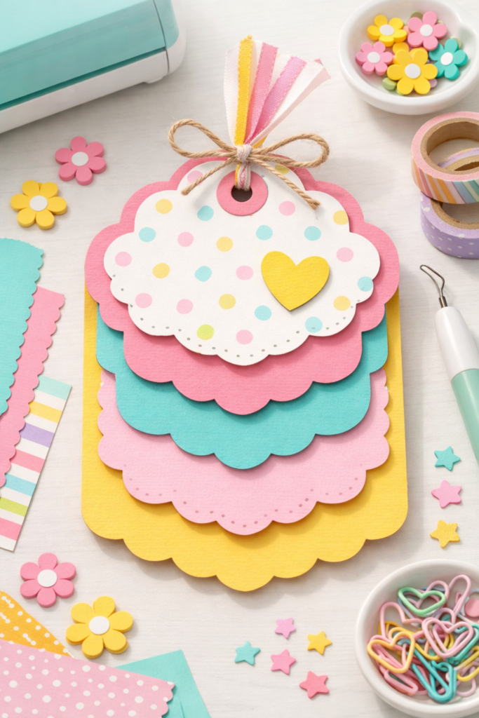 Colorful scrapbook paper with decorative wavy edge cut by Cricut, layered tag design shown.