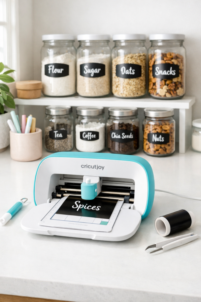 Compact Cricut Joy cutting small vinyl label on minimal white desk, organized pantry jars labeled in background.