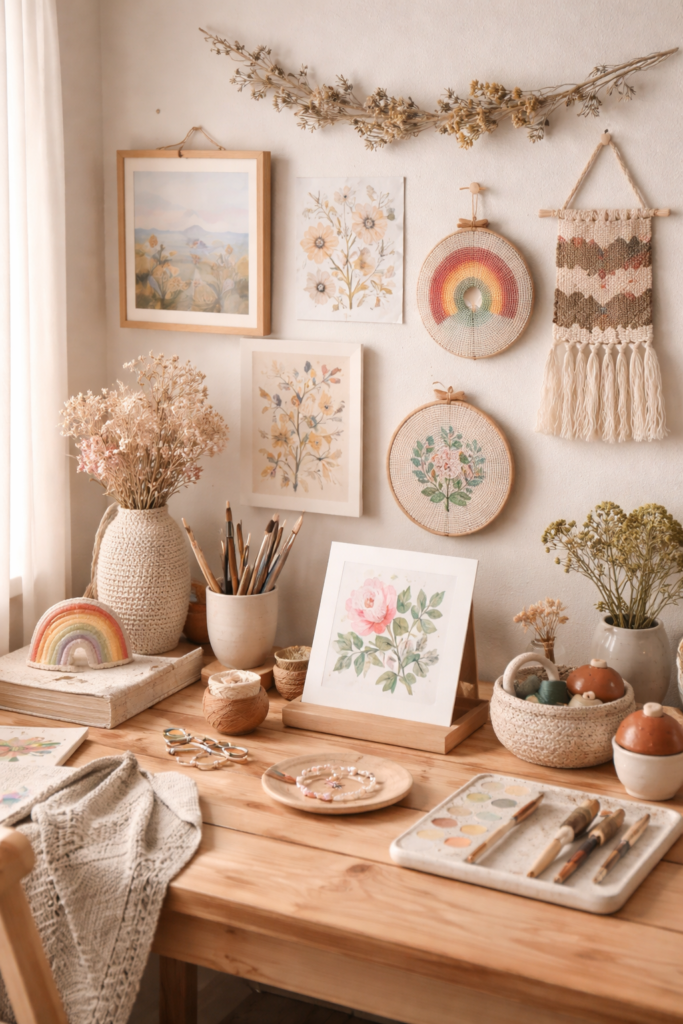 Cozy creative corner with finished art and craft projects displayed together.