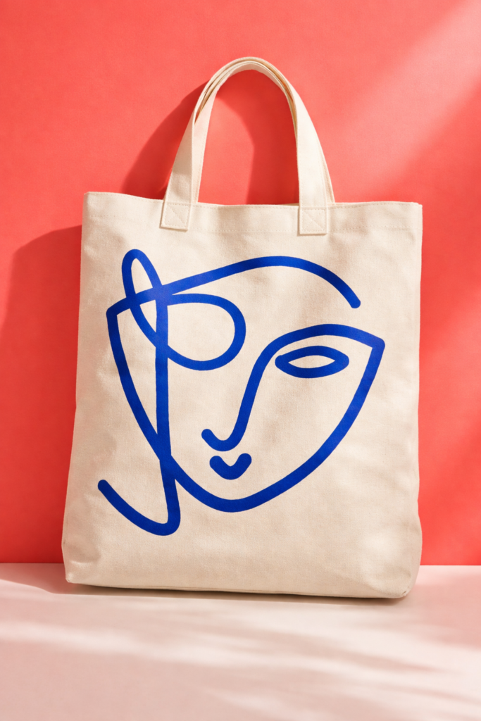 Cream canvas tote with bold oversized abstract line art in cobalt blue