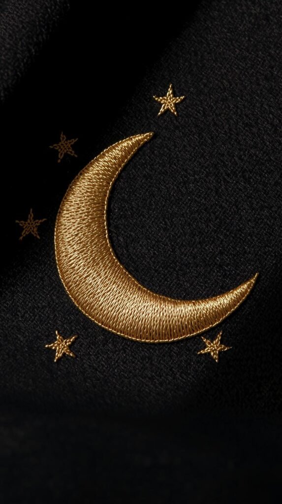 Crescent moon embroidery stitched in soft metallic gold thread on deep charcoal cotton fabric, smooth satin stitch texture visible.