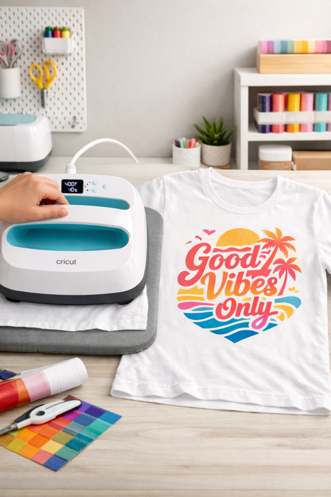 Cricut EasyPress applying Infusible Ink transfer to white t-shirt, smooth press in action, finished vibrant design visible beside press.