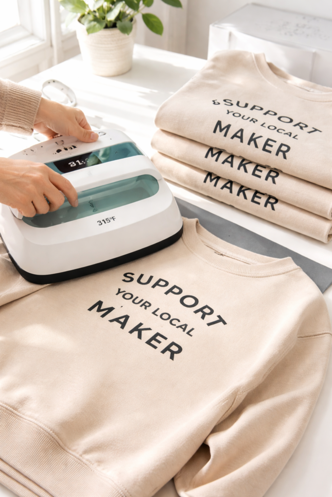 Cricut EasyPress pressing black heat transfer vinyl onto beige sweatshirt, crisp modern typography design. 