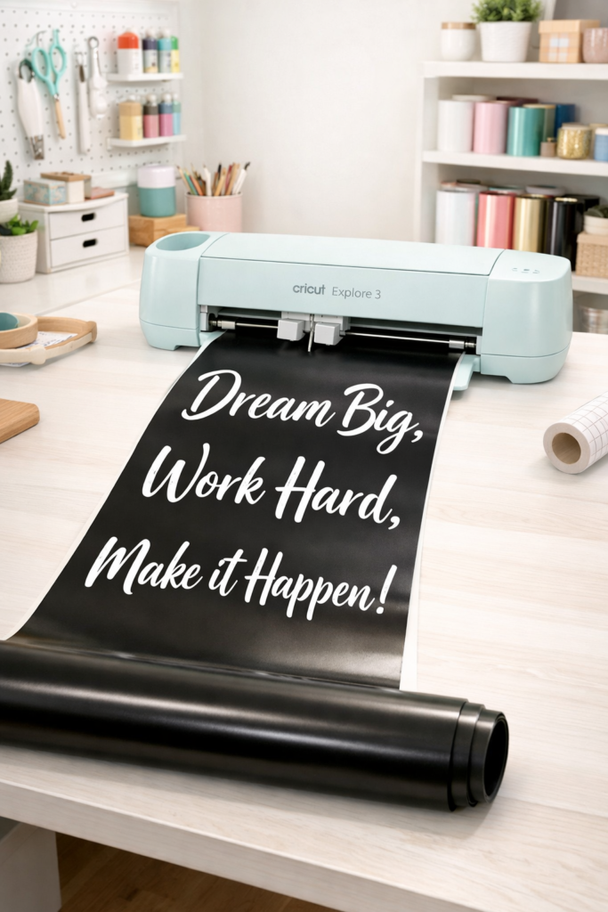 Cricut Explore 3 cutting long roll of Smart Vinyl without mat, vinyl feeding directly into machine.