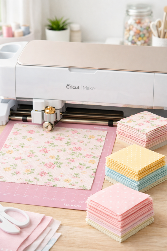 Cricut Maker cutting patterned cotton fabric on FabricGrip mat, rotary blade visible. 