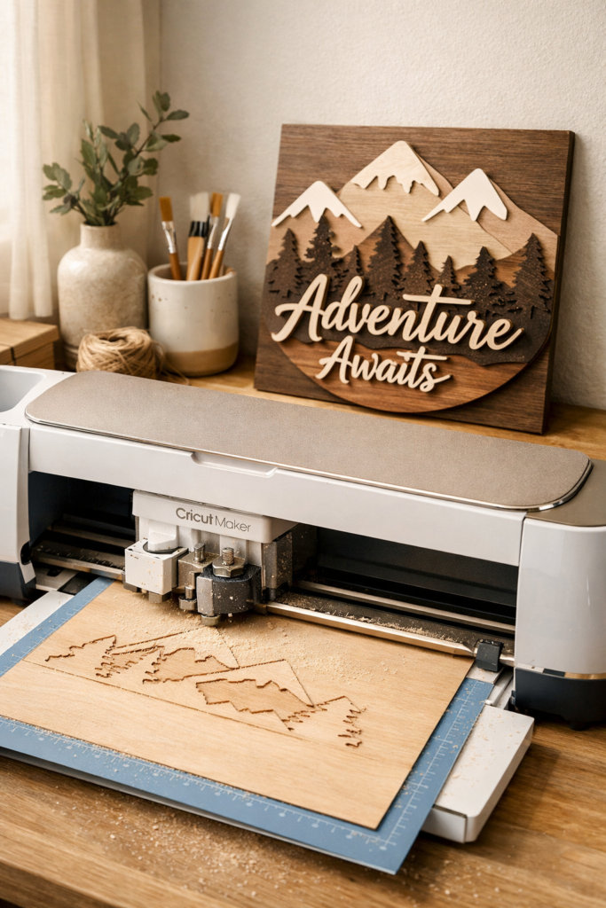 Cricut Maker cutting thin basswood sheet with knife blade, wood dust lightly visible, finished layered wood sign.