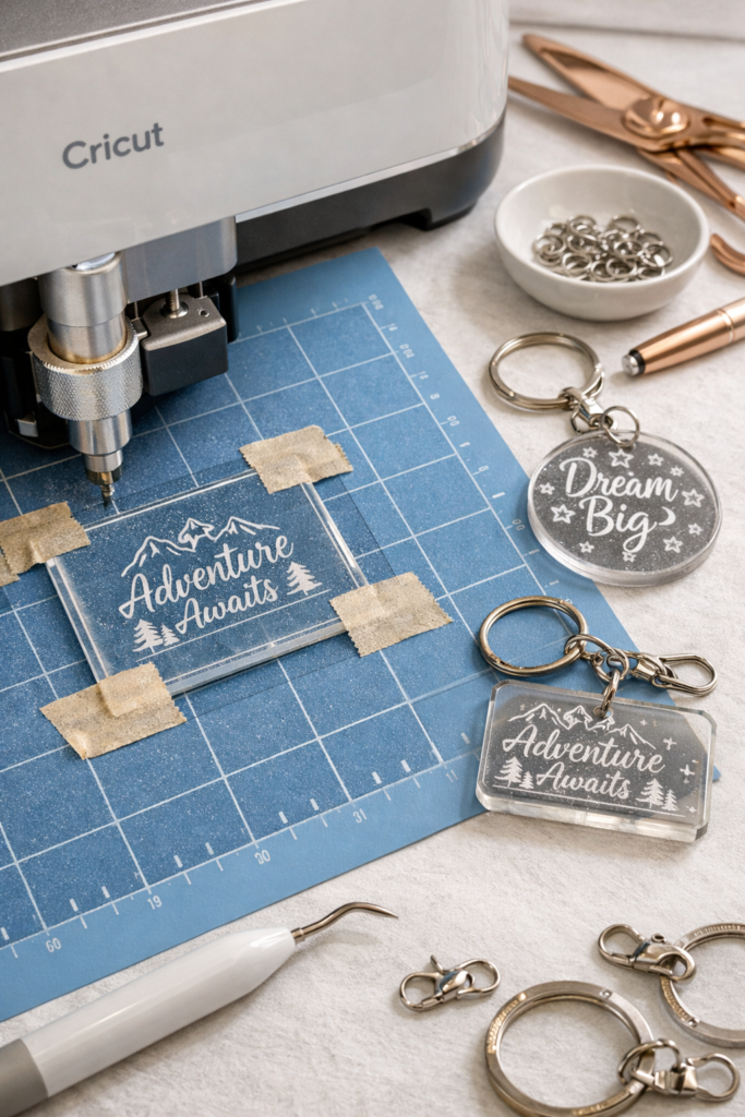 Cricut Maker engraving clear acrylic keychain, small acrylic blank secured on mat, fine engraving detail visible. Finished engraved pieces displayed.