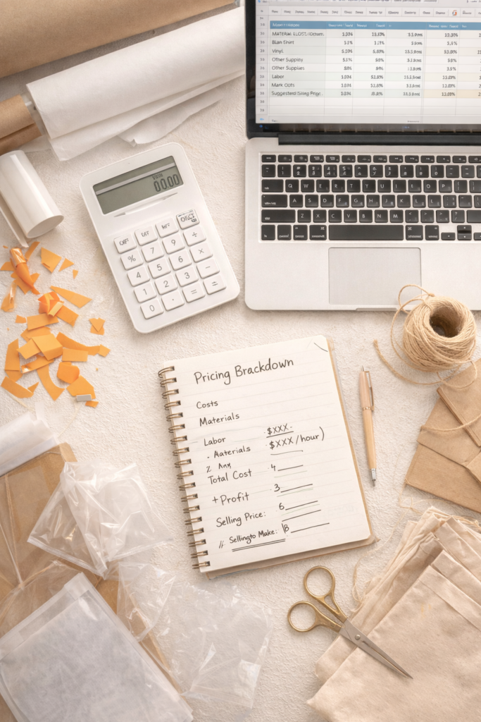 Cricut business owner workspace with calculator, notebook showing pricing breakdown.