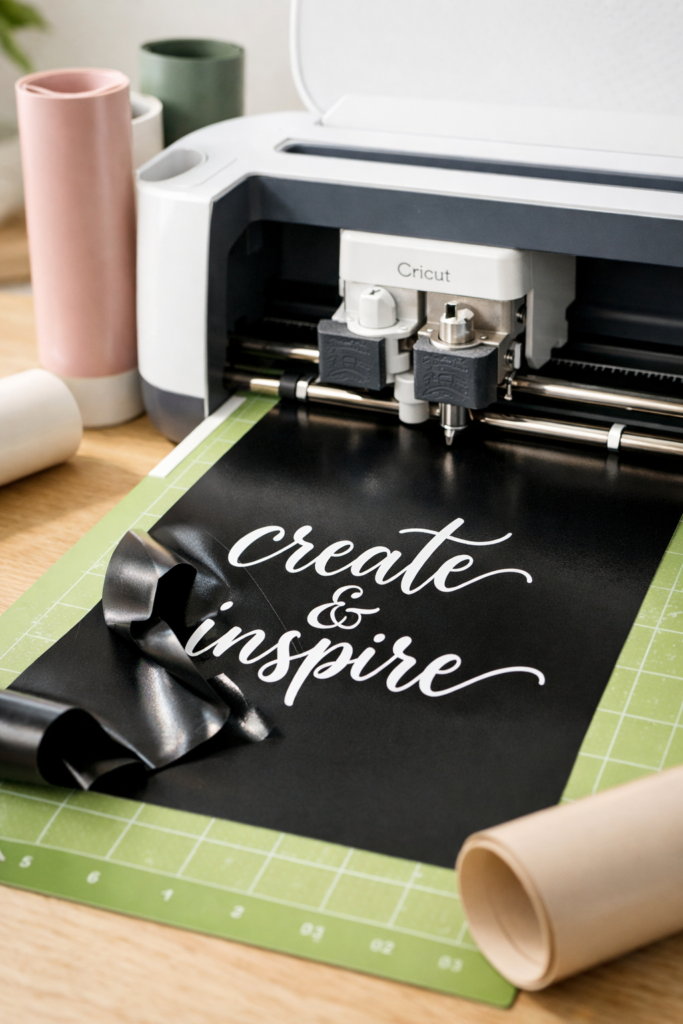 Cricut machine actively cutting black vinyl on a cutting mat, close-up focus on blade area, excess vinyl partially weeded to reveal clean script lettering.