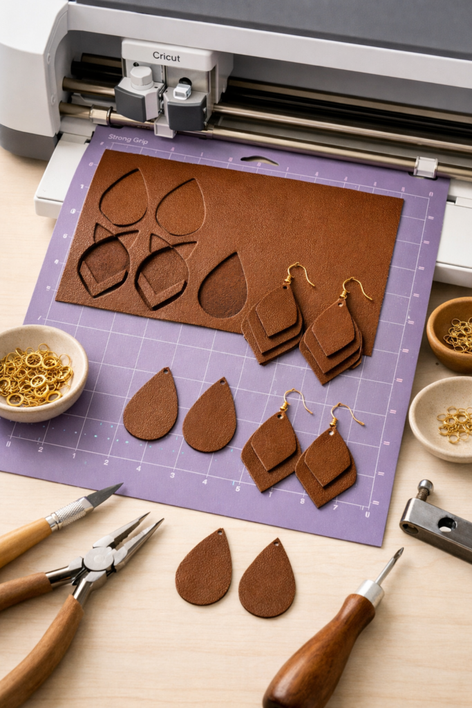 Cricut machine cutting brown leather sheet on strong grip mat, leather earrings partially removed showing clean edges.