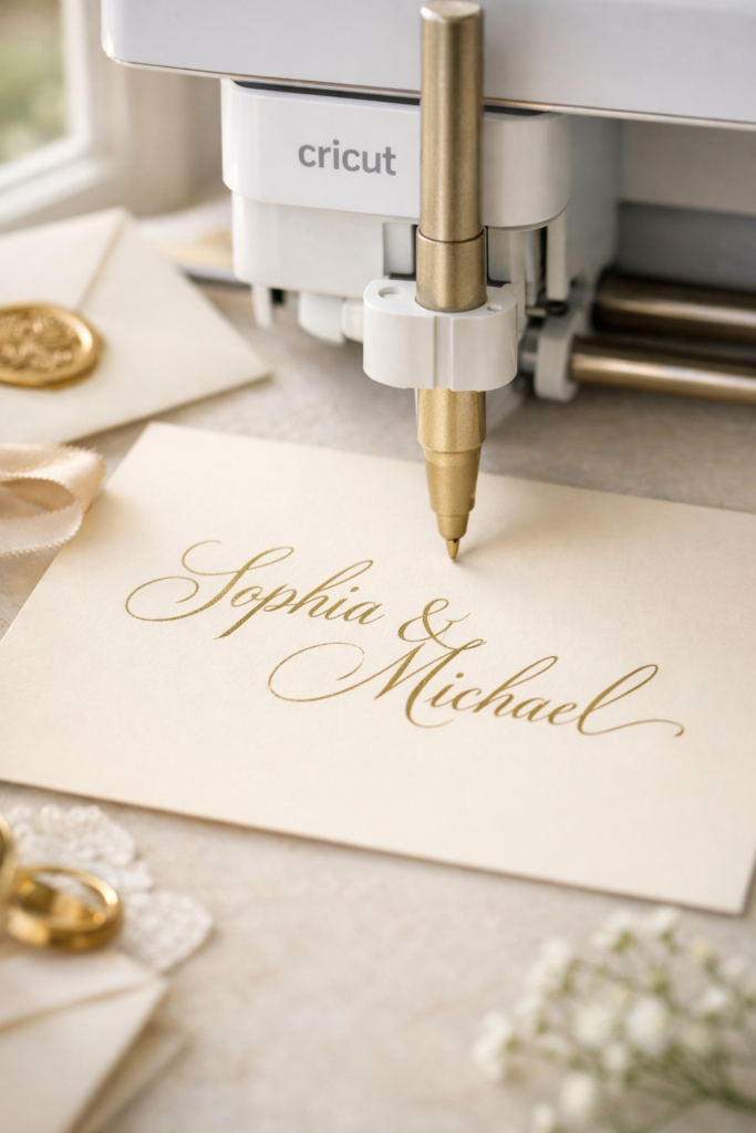 Cricut machine writing elegant calligraphy text on cream cardstock using metallic pen, close-up on pen drawing smooth script letters. 