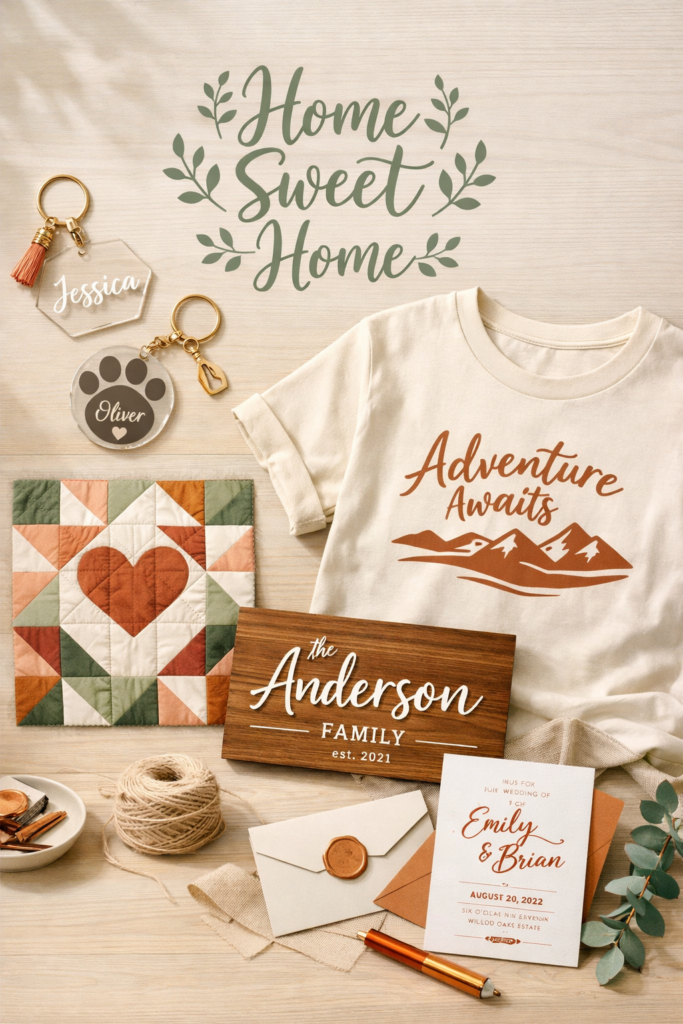 Collection of finished Cricut projects displayed together engraved acrylic keychains, vinyl wall decal, custom t-shirt, fabric quilt square, wood sign, foiled invitation.